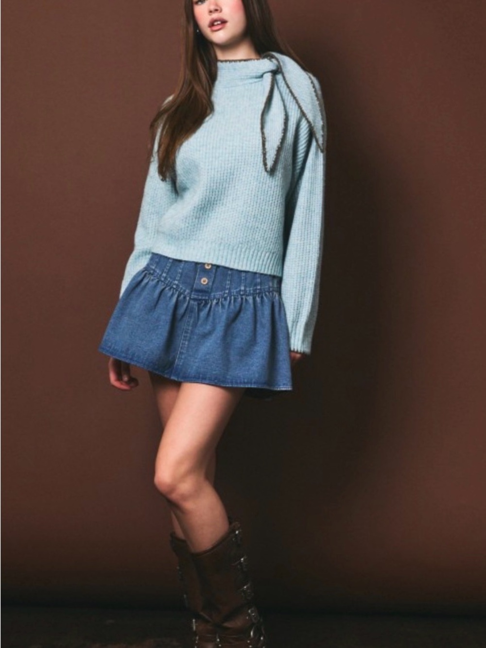 332 Light Blue Knit Tie-Detail scarf  Sweater